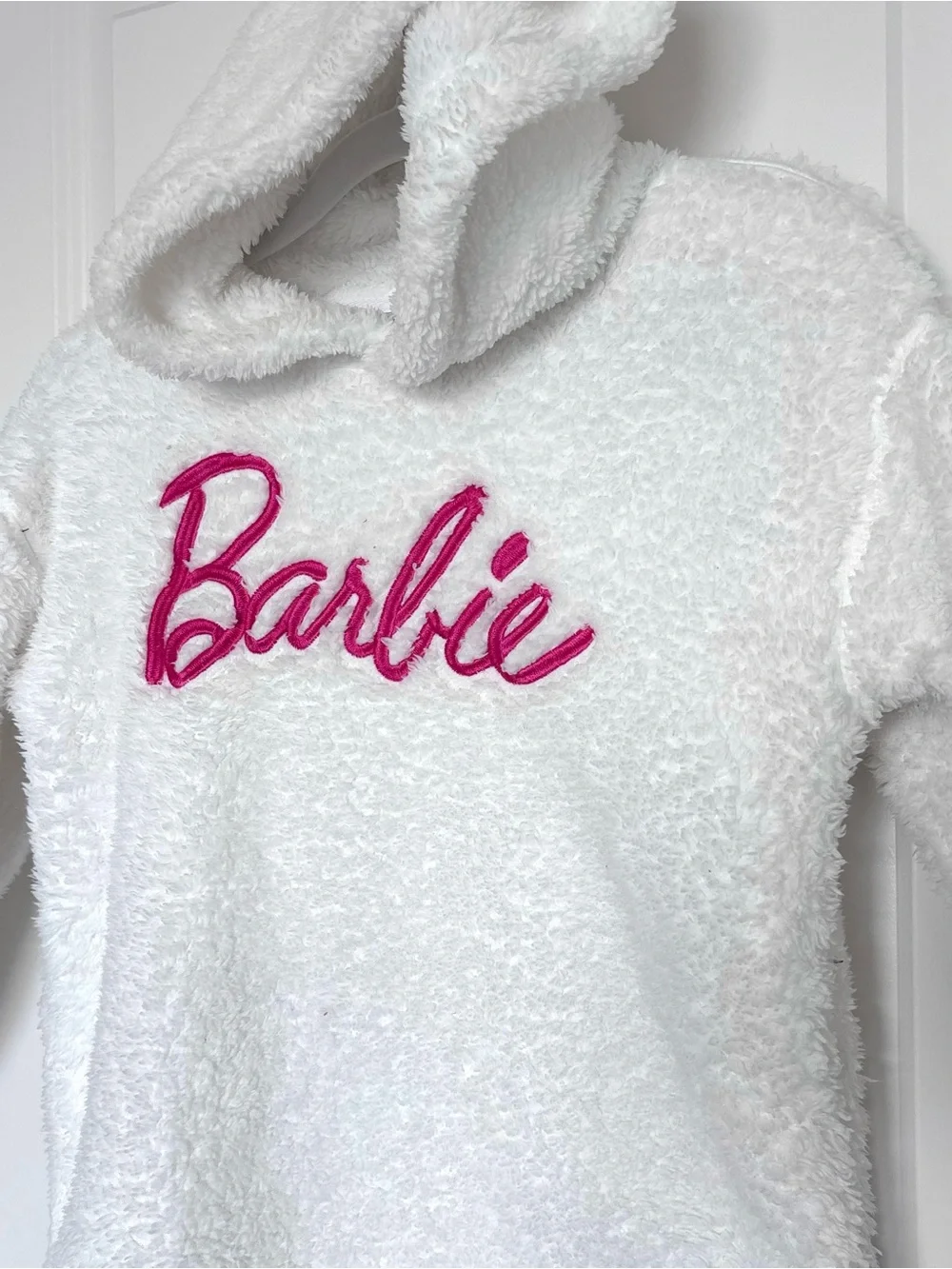 Barbie Girls Hoodie Fuzzy Plush Pullover Pink Logo Size 11/12 fleece pullover